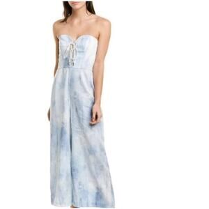 Petersyn Womens Jumpsuit‎ L Strapless Linen Blend Corset Wide Leg Watercolor